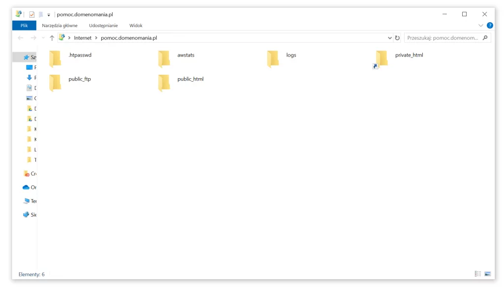 Po połączeniu z FTP przez Eksplorator Windows, w oknie systemu Windows wyświetlona będzie zawartość FTP.
