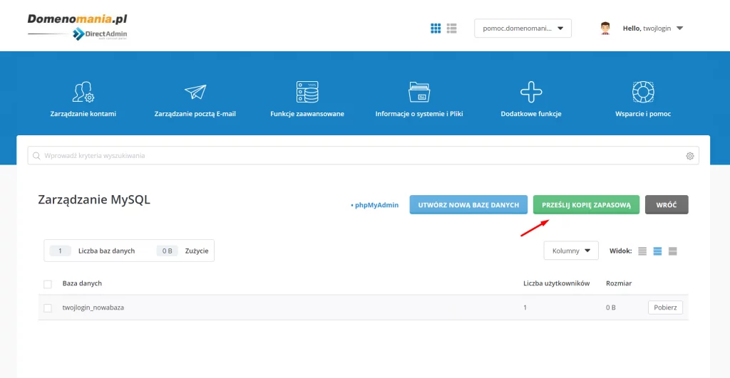 Importowanie bazy danych w DirectAdmin