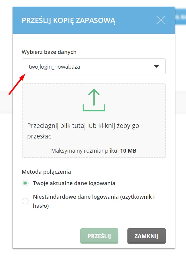 Prześlij kopię zapasową bazy danych przez DirectAdmin