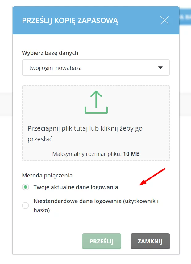 Wybierz metodę połączenia podczas importu bazy danych w DirectAdmin