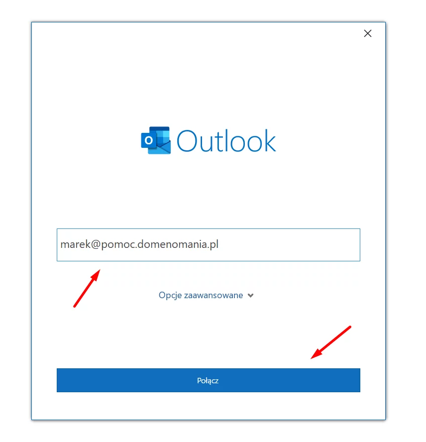 Aby skonfigurować skrzynkę e-mail w Microsoft Outlook, wpisz jej adres e-mail i kliknij przycisk: Połącz Wpisz adres swojej skrzynki e-mail i kliknij: Połącz, aby skonfigurować pocztę w Outlook