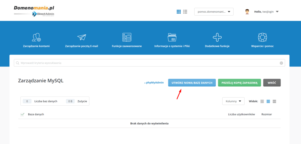 W sekcji Zarządzanie MySQL kliknij przycisk: Utwórz nową bazę danych