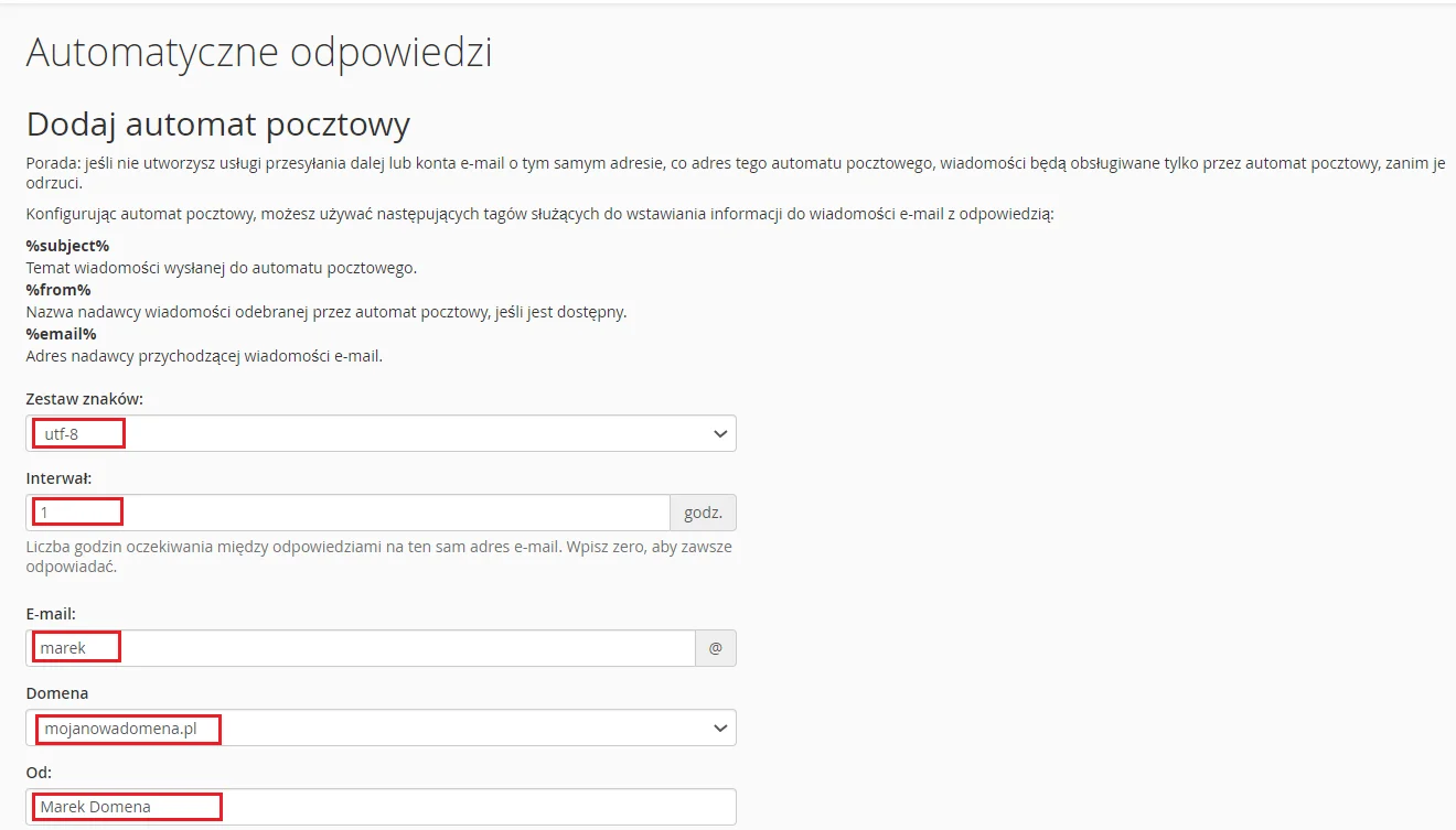 W cPanelu uzupełnij formularz dodawania autorespondera