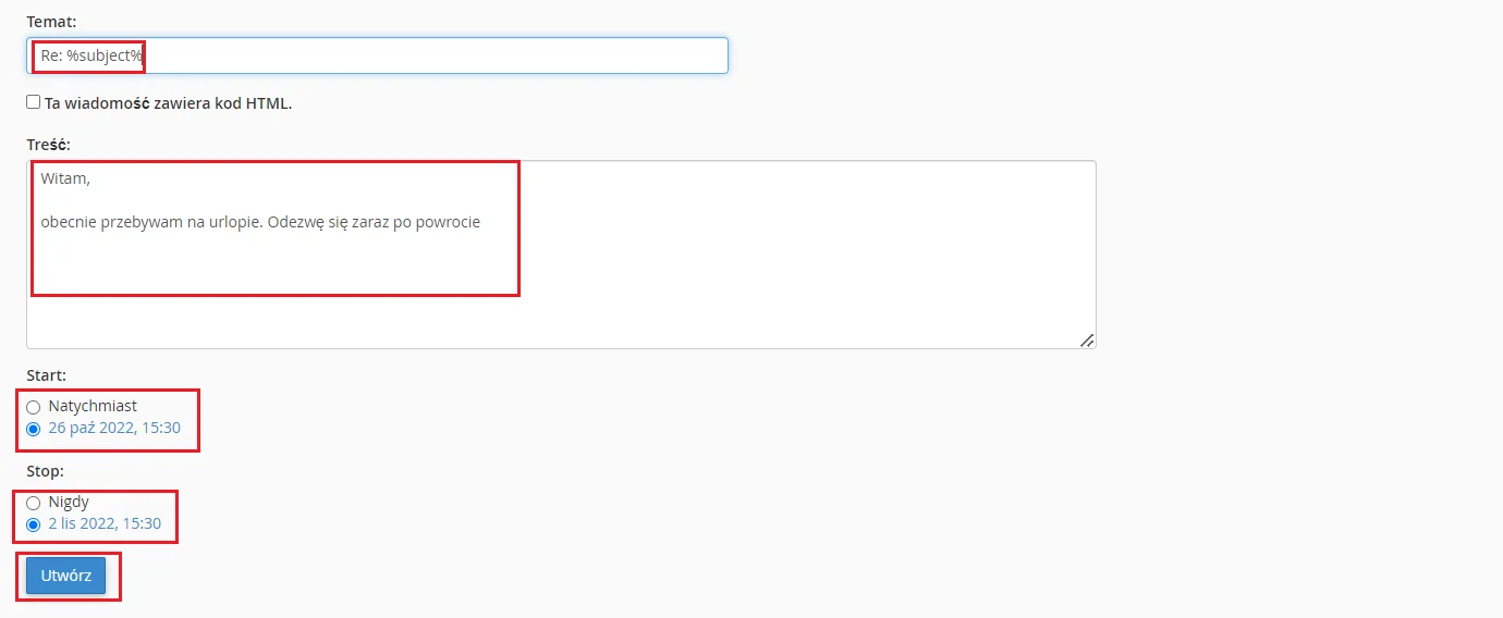 W cPanelu uzupełnij formularz dodawania autorespondera