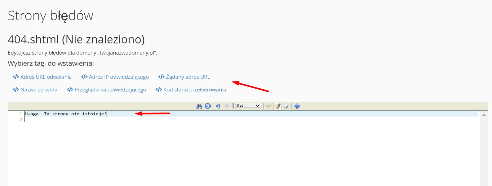 W cPanelu użyj edytora HTML, aby zmienić wygląd komunikatu błędu
