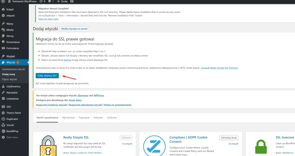 Po zainstalowaniu wtyczki: Really Simple SSL, włącz ją w panelu WordPress