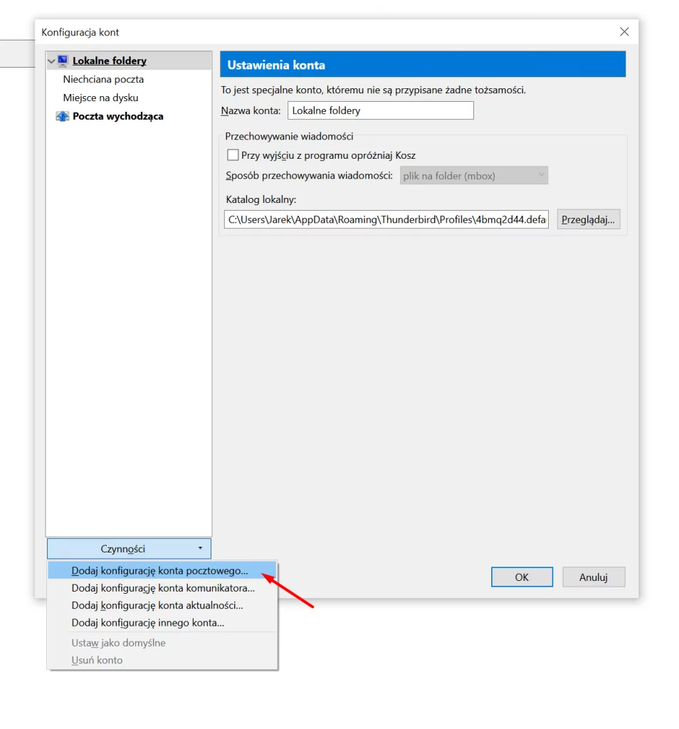 Mozilla Thunderbird - Konfiguracja kont - Dodaj konfigurację konta pocztowego