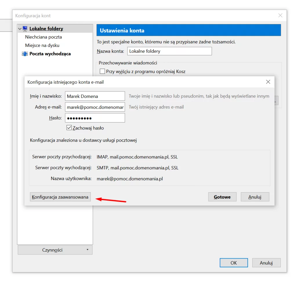 Mozilla Thunderbird - Konfiguracja kont - Konfiguracja zaawansowana