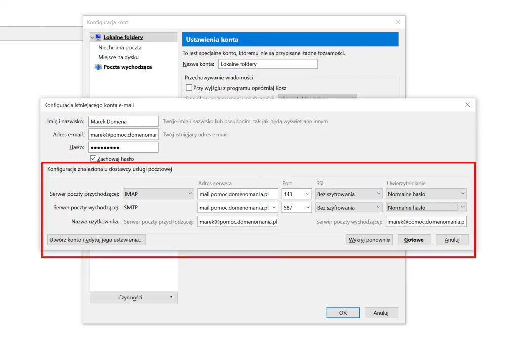 Mozilla Thunderbird - Konfiguracja kont - wpisz dane - kliknij przycisk: Gotowe