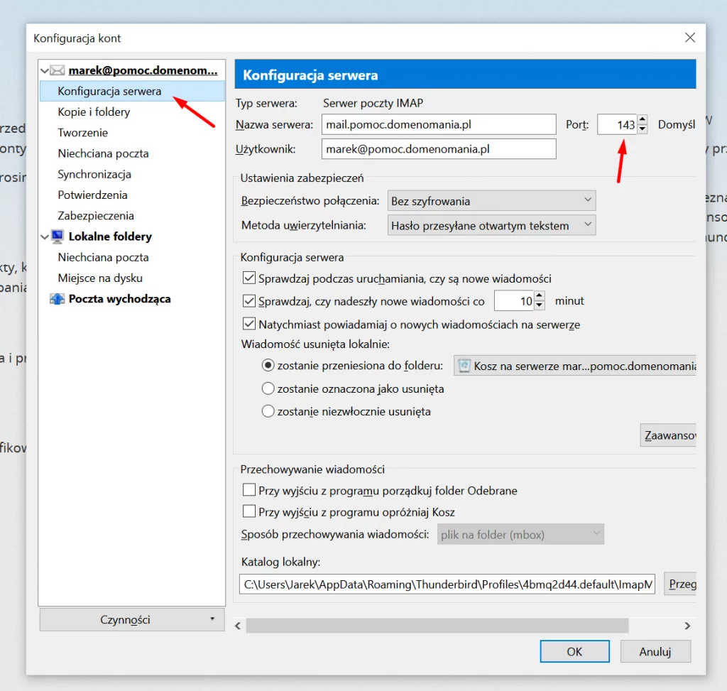Mozilla Thunderbird - Narzędzia - Konfiguracja kont - Konfiguracja serwera