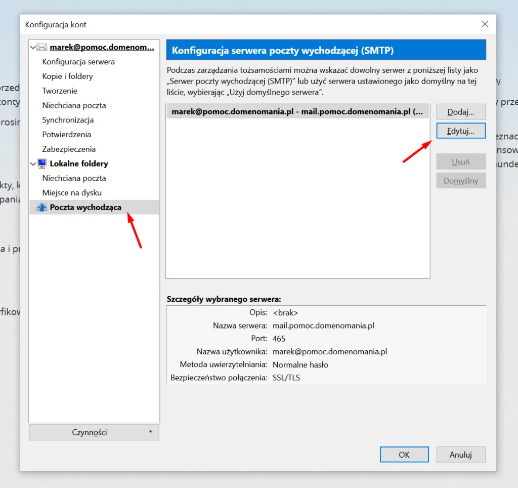 Edycja ustawień poczty wychodzącej w Mozilla Thunderbird