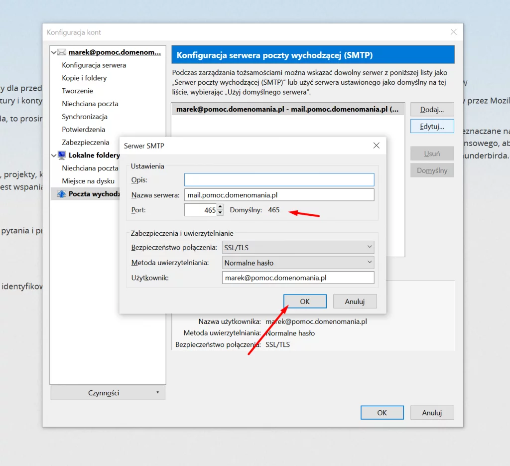 Zmiana ustawień poczty wychodzącej w Mozilla Thunderbird