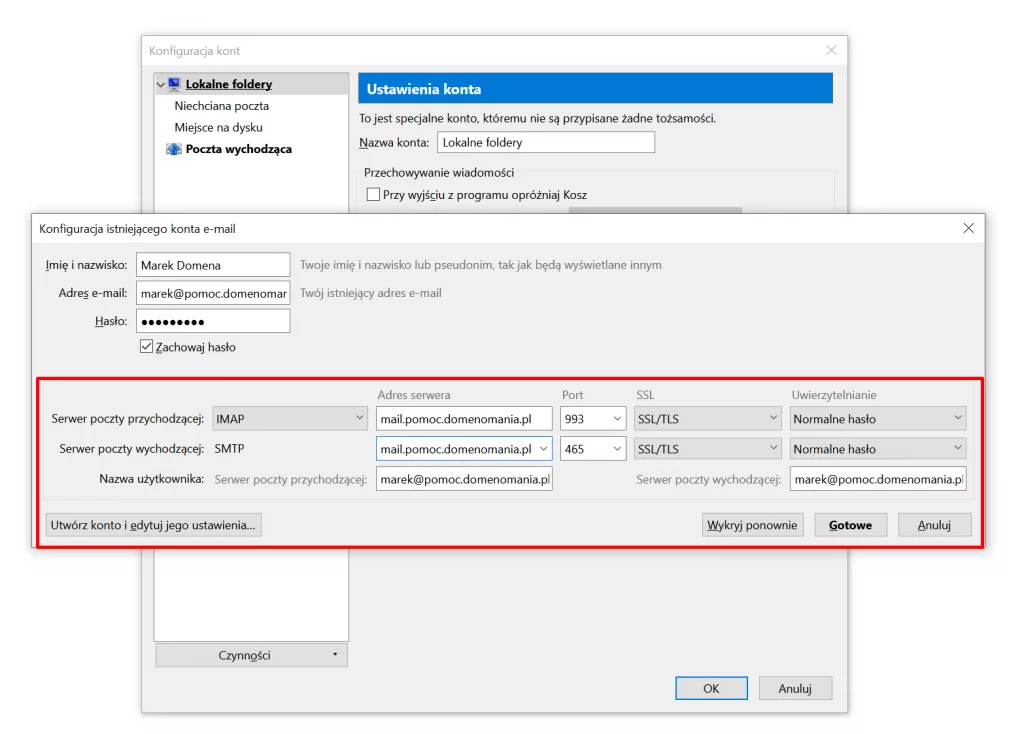 Mozilla Thunderbird - Konfiguracja kont - Serwer poczty wychodzącej i przychodzącej