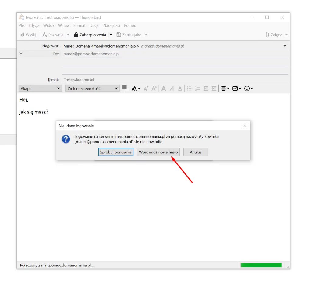 Zmiana hasła do e-mail Thunderbird podczas próby wysyłki 