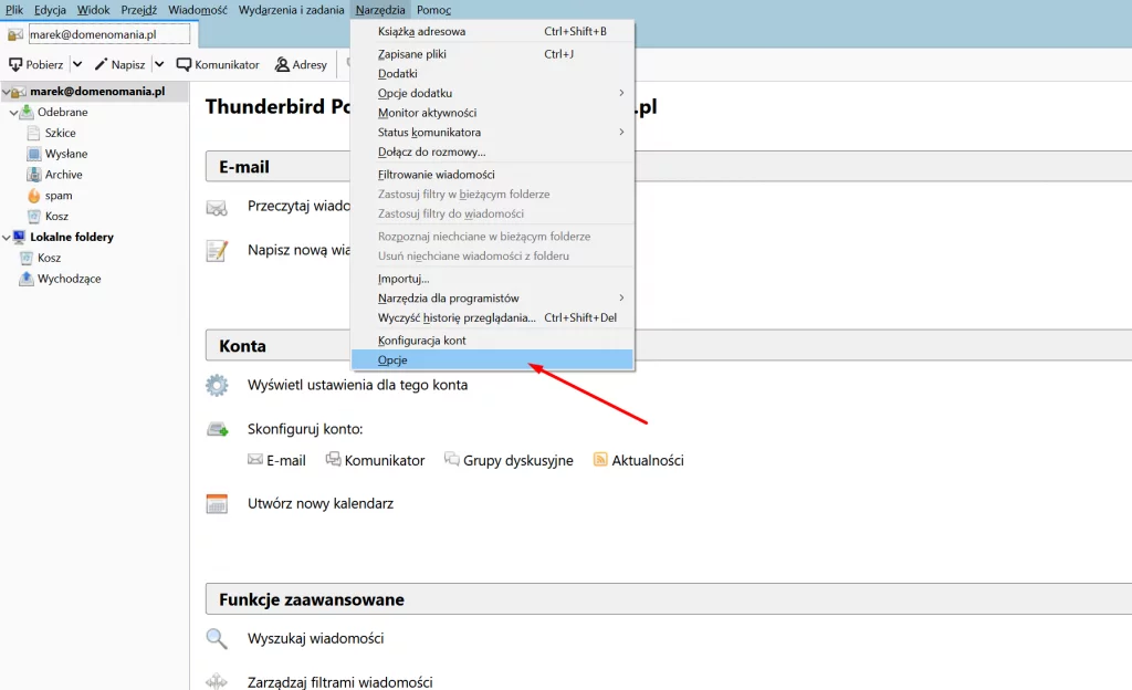 W Thunderbird kliknij Narzędzia -> Opcje