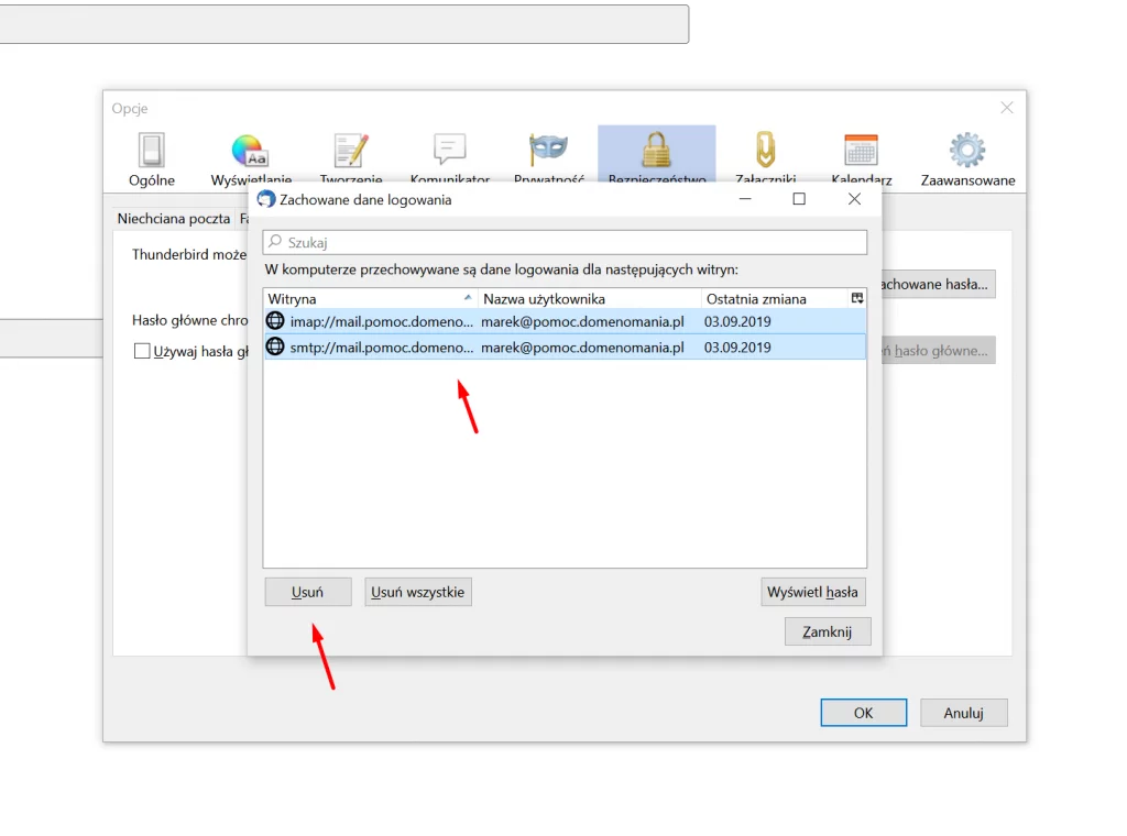 W programie Thunderbird zaznacz hasła i kliknij Usuń
