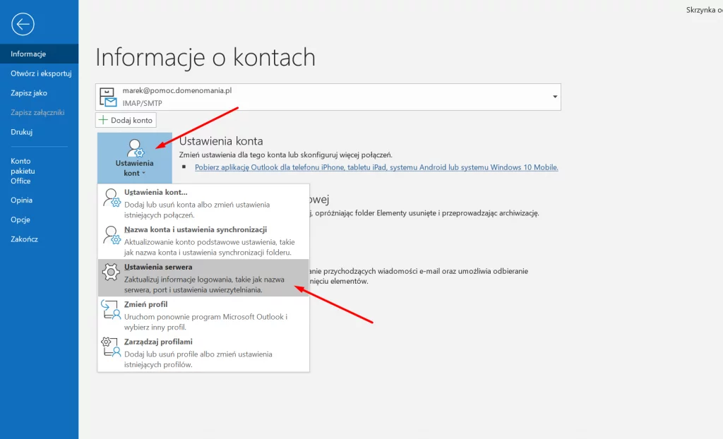 Aby edytować ustawienia konta w Outlook przejdź do: Microsoft Outlook - Ustawienia kont - Ustawienia serwera