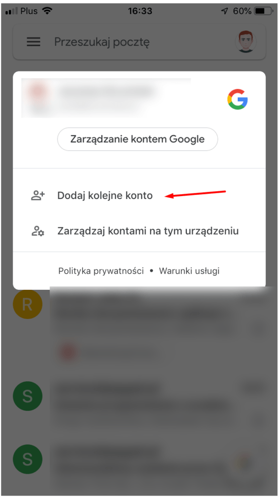 Aplikacja pocztowa Gmail - ikona profilu - Dodaj kolejne konto