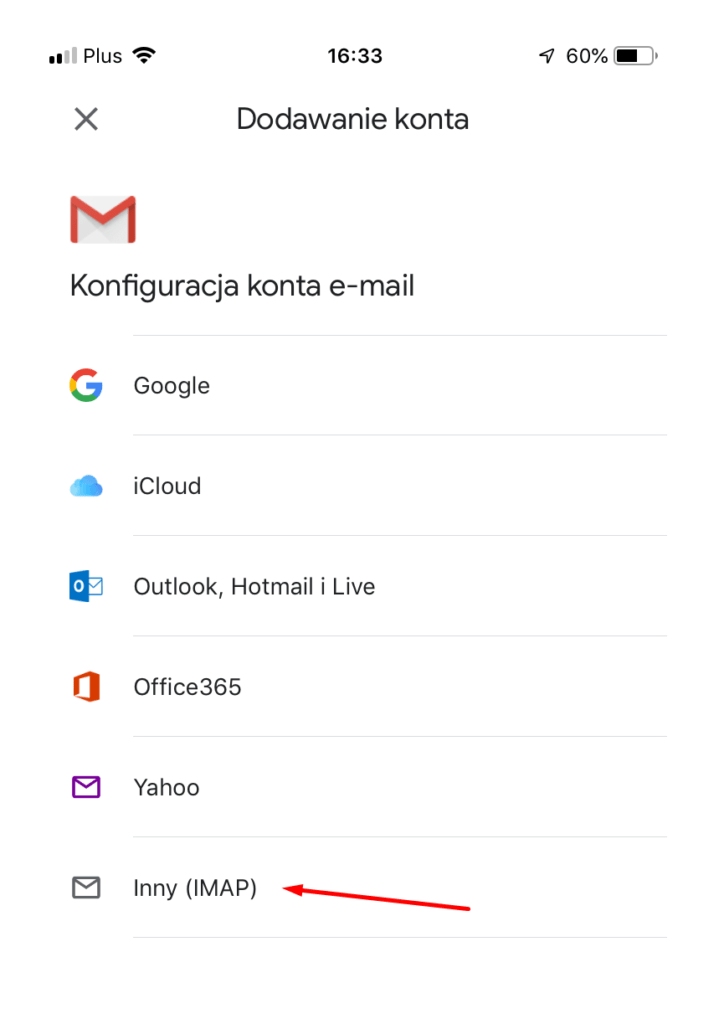 Aplikacja pocztowa Gmail - Dodawanie konta - wybierz typ Inny