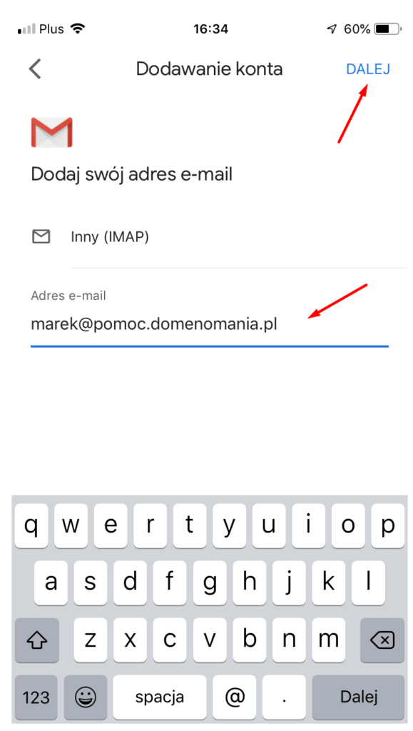 Gmail na iPhone - podaj adres e-mail i kliknij Dalej