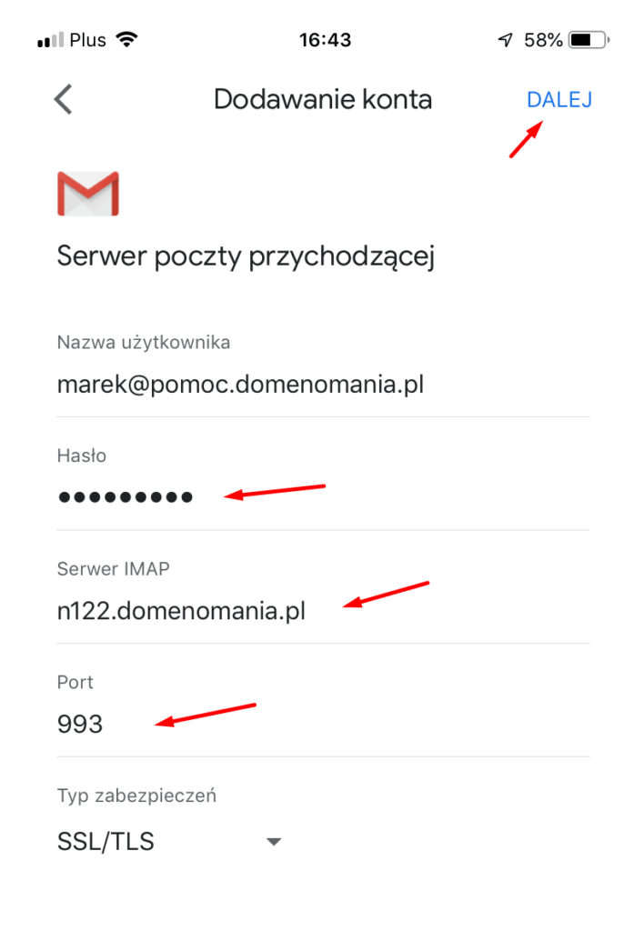 Gmail - iPhone - konfiguracja poczty - serwer przychodzący