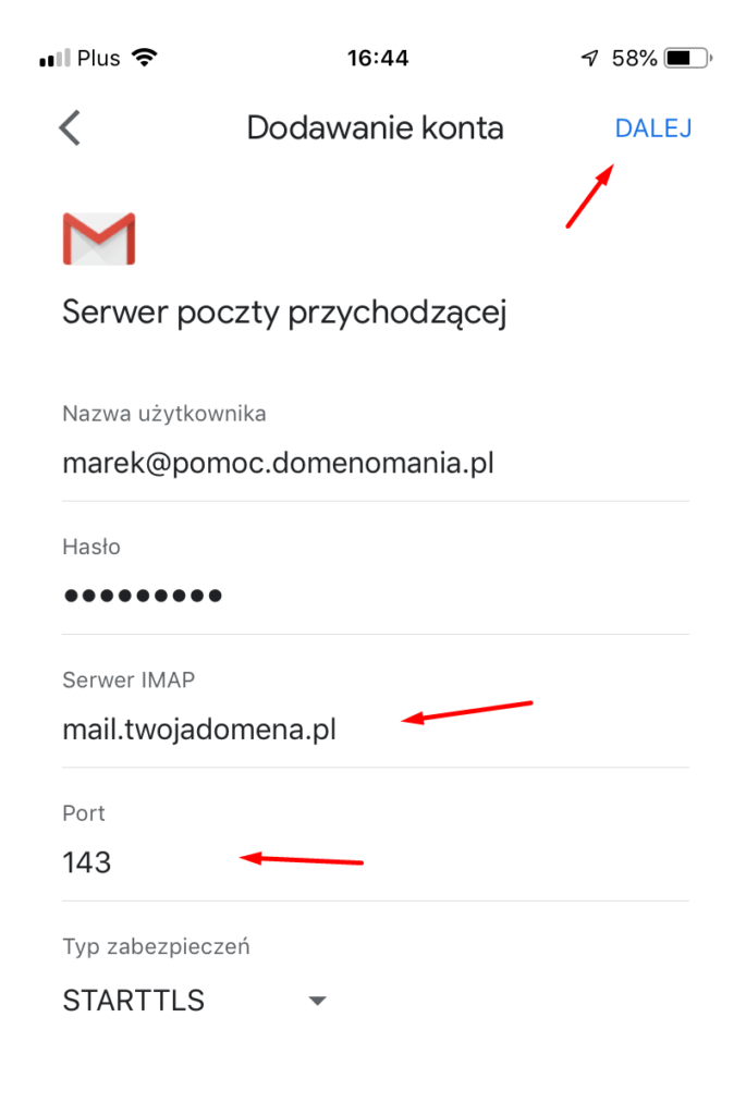 Adres serwera poczty przychodzącej IMAP z portem 143