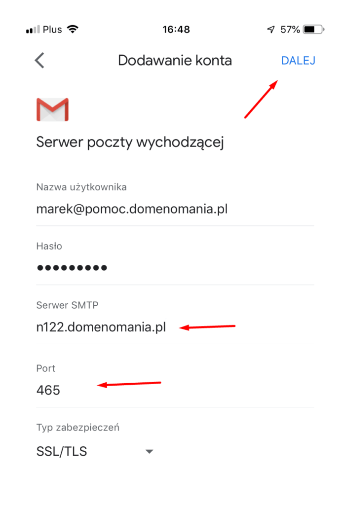 Wpisz adres serwera poczty wychodzącej w Gmail na iPhone i kliknij Dalej