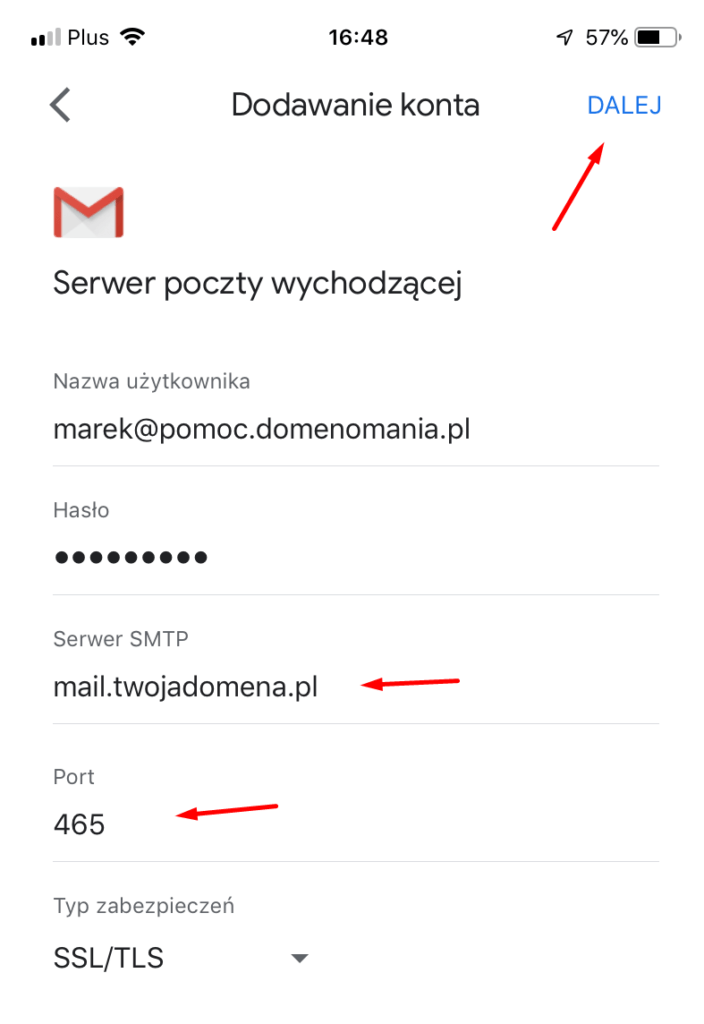 Konfiguracja serwera poczty wychodzącej SMTP z włączonym SSL