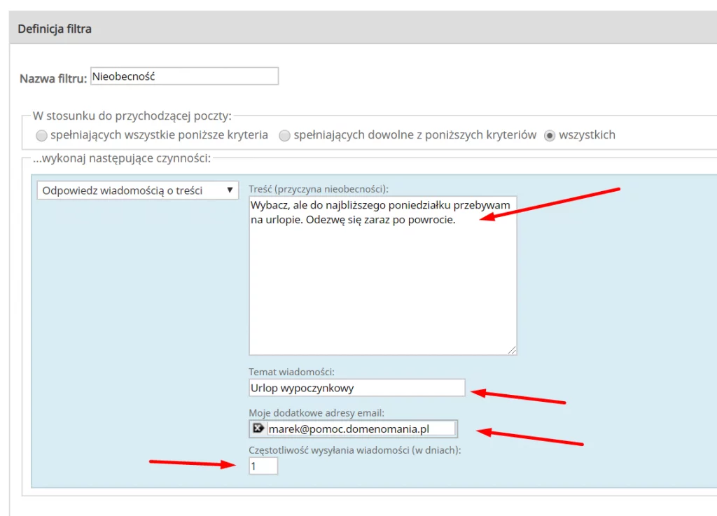 Konfiguracja automatycznych odpowiedzi w aplikacji Webmail