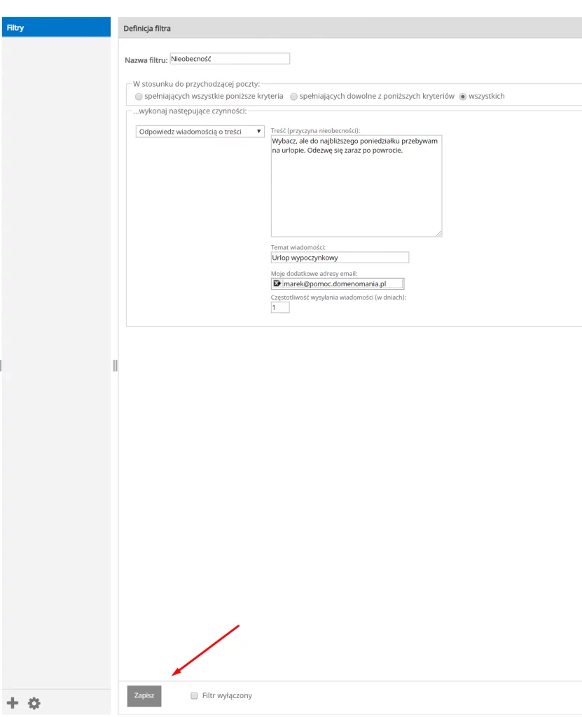 Autoresponder w skrzynce e-mail na Domenomania.pl