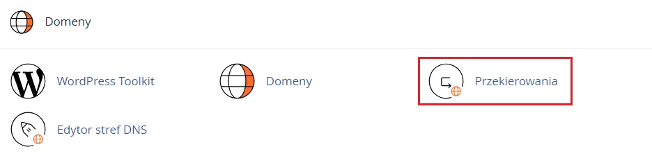 Aby zmienić ustawienia przekierowania aliasu domeny, przejdź do sekcji: Domeny i kliknij opcję: Przekierowania.