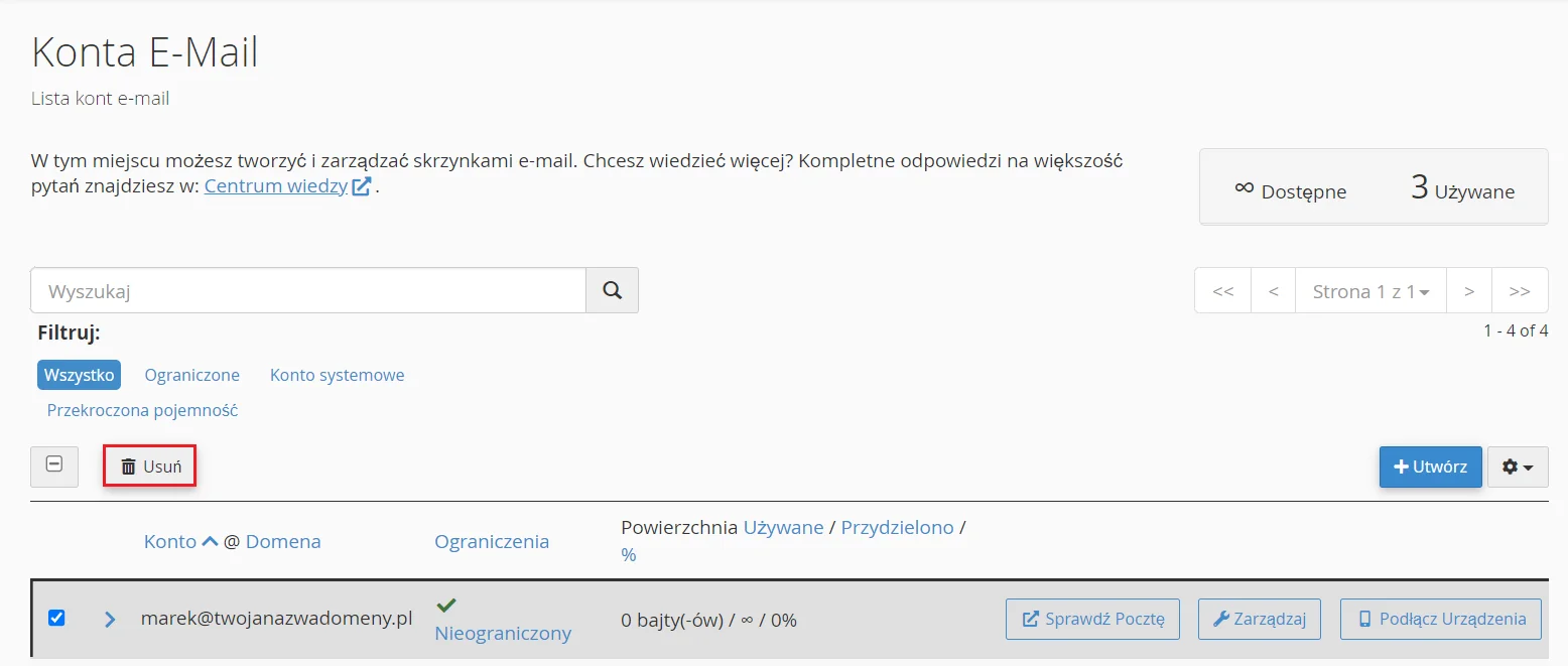 Pamiętaj najpierw zaznacz wybrane konto e-mail a następnie przyciśnij przycisk Usuń w górnej części ekranu