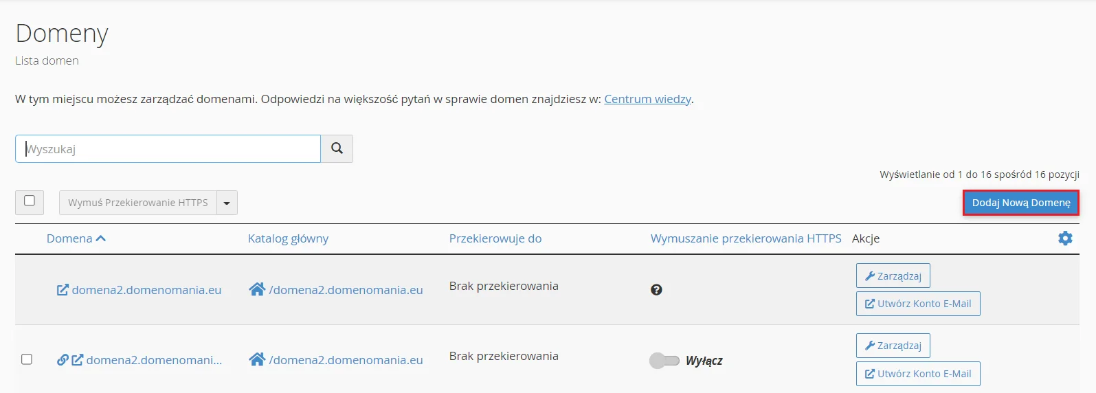  Kliknij przycisk: Dodaj domenę, aby utworzyć alias domeny.