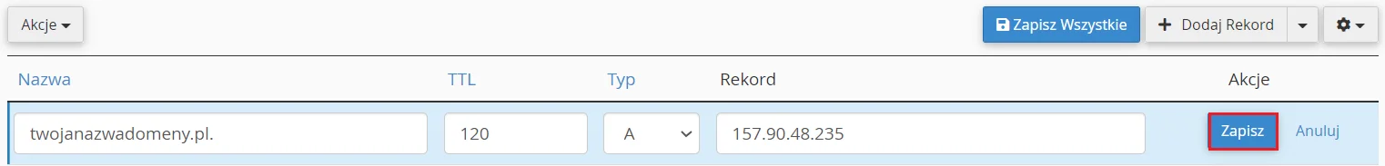 Wprowadź zmiany w rekordzie domeny i kliknij przycisk: Save Record, aby zapisać zmiany.