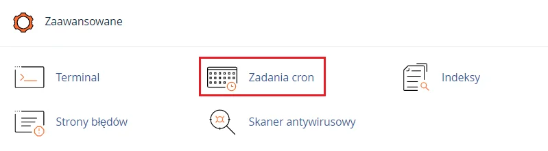 Aby w cPanelu dodać adres e-mail do powiadomień CRON, przejdź do sekcji: Zaawansowane i kliknij opcję: Zadania CRON. Aby dodać adres e-mail do zadań CRON, znajdź sekcję: Zaawansowane i wybierz opcję: Zadania CRON.