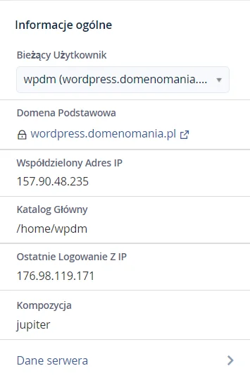 Informacje ogólne i statystyka serwera w panelu Klienta