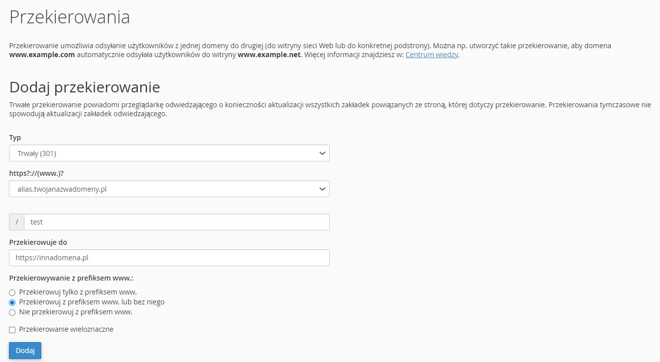 Formularz dodawania nowego przekierowania.