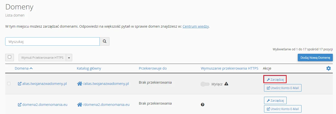 Przejdź do opcji zarzadzania, aby usunąć alias.
