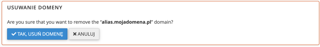 Jak wygląda informacja o potwierdzeniu usunięcia wskazanej domeny?