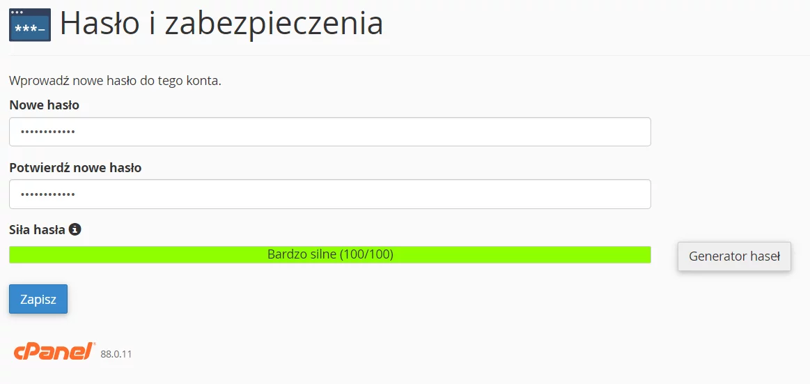 Wpisz nowe hasło dostępu do wybranej skrzynki e-mail i kliknij: Zapisz.
