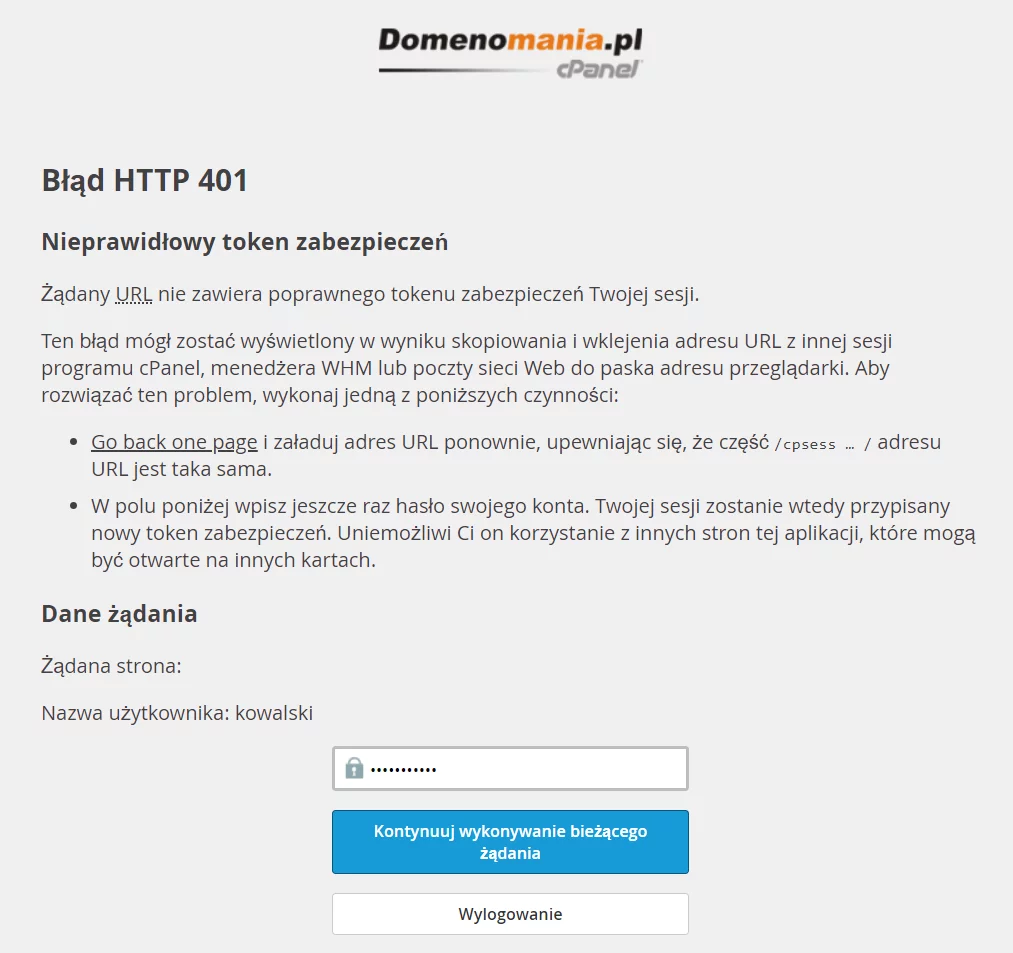 Błąd HTTP 401 cPanel - token zabezpieczeń.