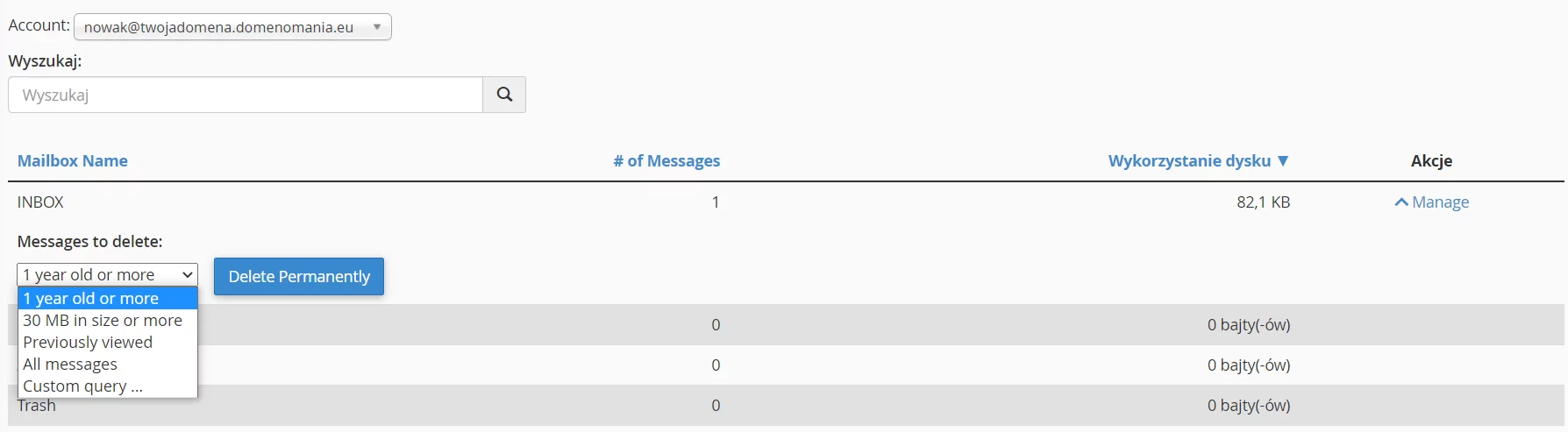 Ekran opróżniania skrzynki e-mail w cPanel