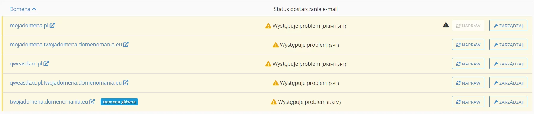 Lista domen oraz wykaz problemów z rekordami pocztowymi dla domen.