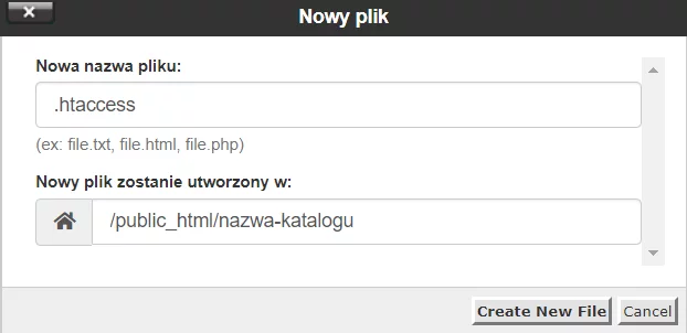 Podaj nazwę pliku .htaccess i kliknij przycisk: Create new file.