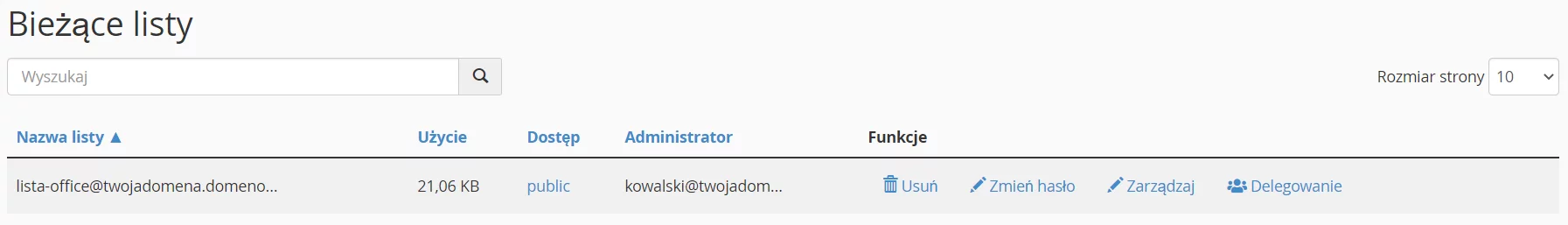 W sekcji: Bieżące listy wyświetlone zostaną utworzone listy mailingowe na koncie.