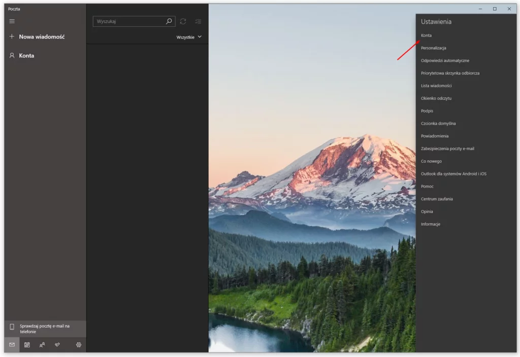 Aby ustawić pocztę w Windows 10, po prawej stronie wybierz sekcję: Konta.