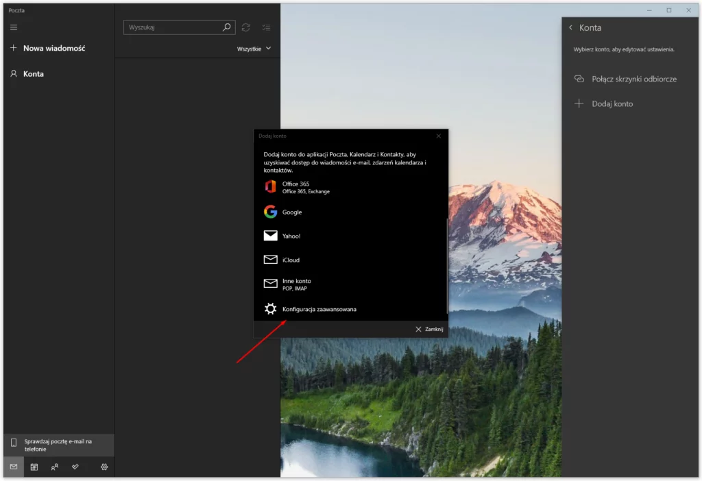 W wyświetlonym oknie wybierz: Konfiguracja zaawansowana, aby dodać nowe konto e-mail w Windows 10.
