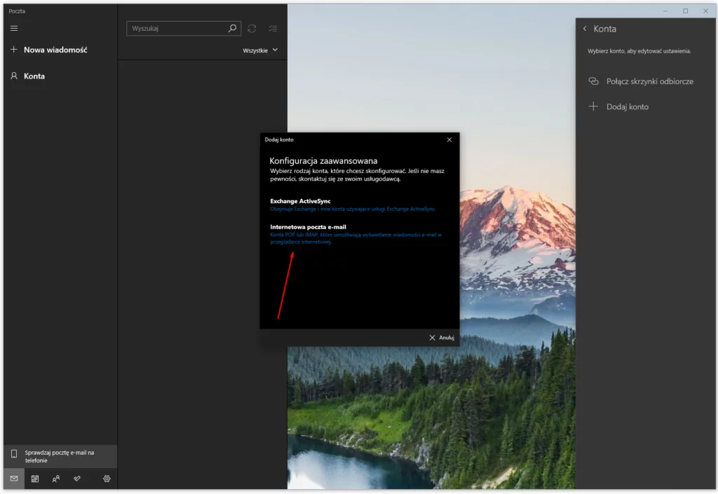 W wyświetlonym oknie wybierz: Internetowa poczta e-mail.