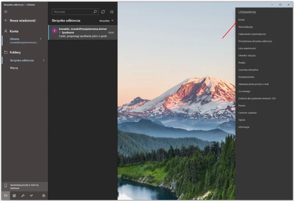 Po prawej stronie ekranu wybierz opcję: Konta, aby przejść do ustawień kont pocztowych w Windows 10.