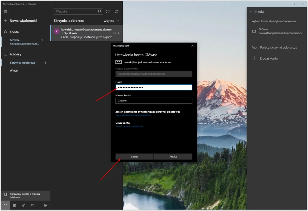 W nowym oknie zmień hasło do wybranego konta pocztowego w Windows 10.
